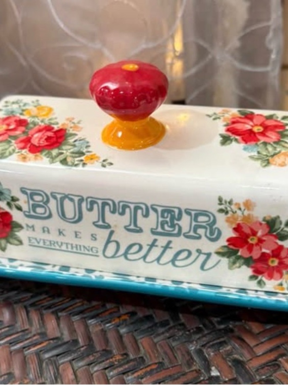 Pioneer Woman Butter Dish Ceramic Keeper in White with Red Floral Accents